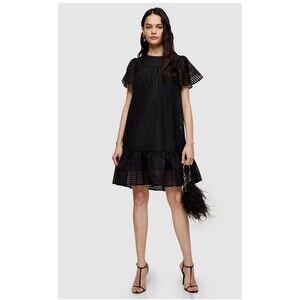 Topshop Womens Dress Size 10 Black Check Organza Mini Flutter Sleeve Lined
